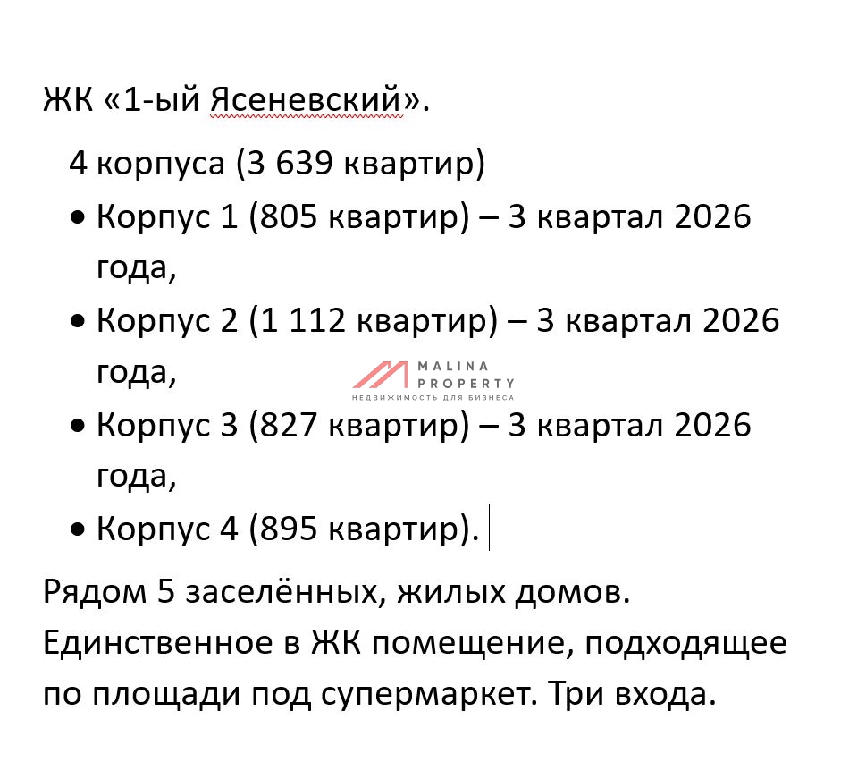 Продажа помещения с магазином Пятерочка в ЖК "1-й Ясеневский" 
