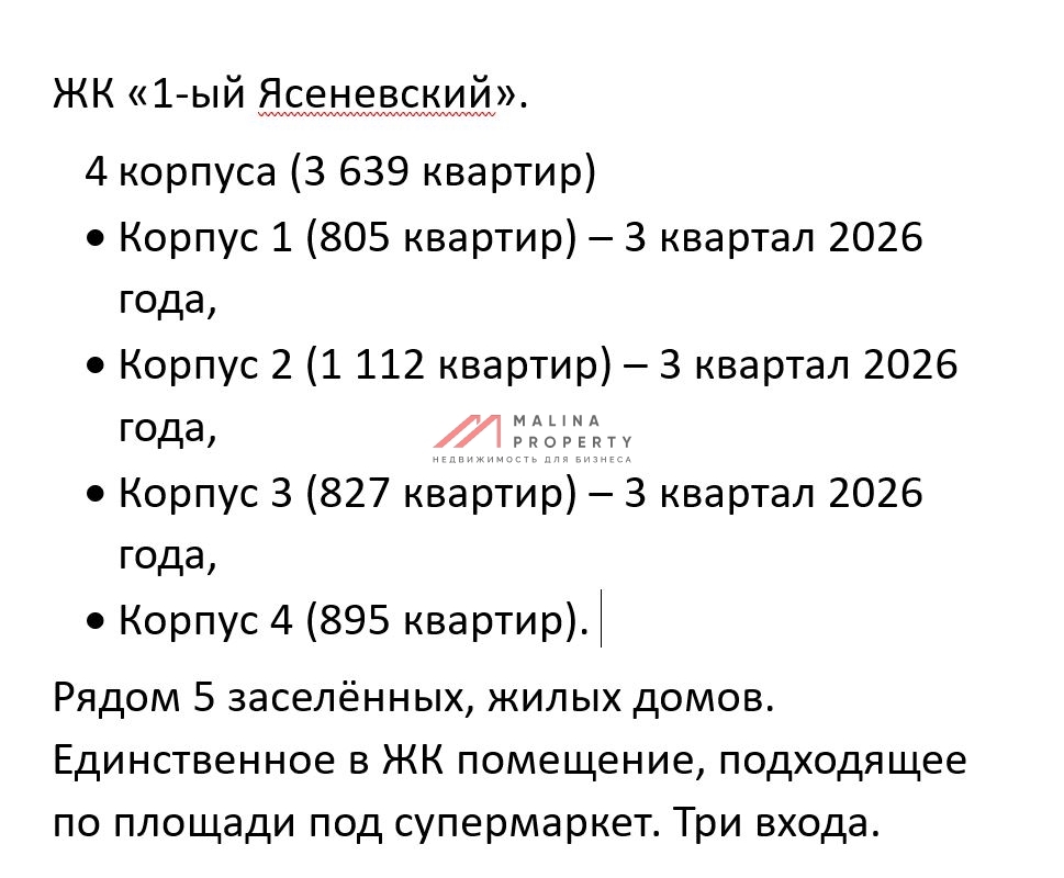 Продажа помещения с магазином Пятерочка в ЖК "1-й Ясеневский" 